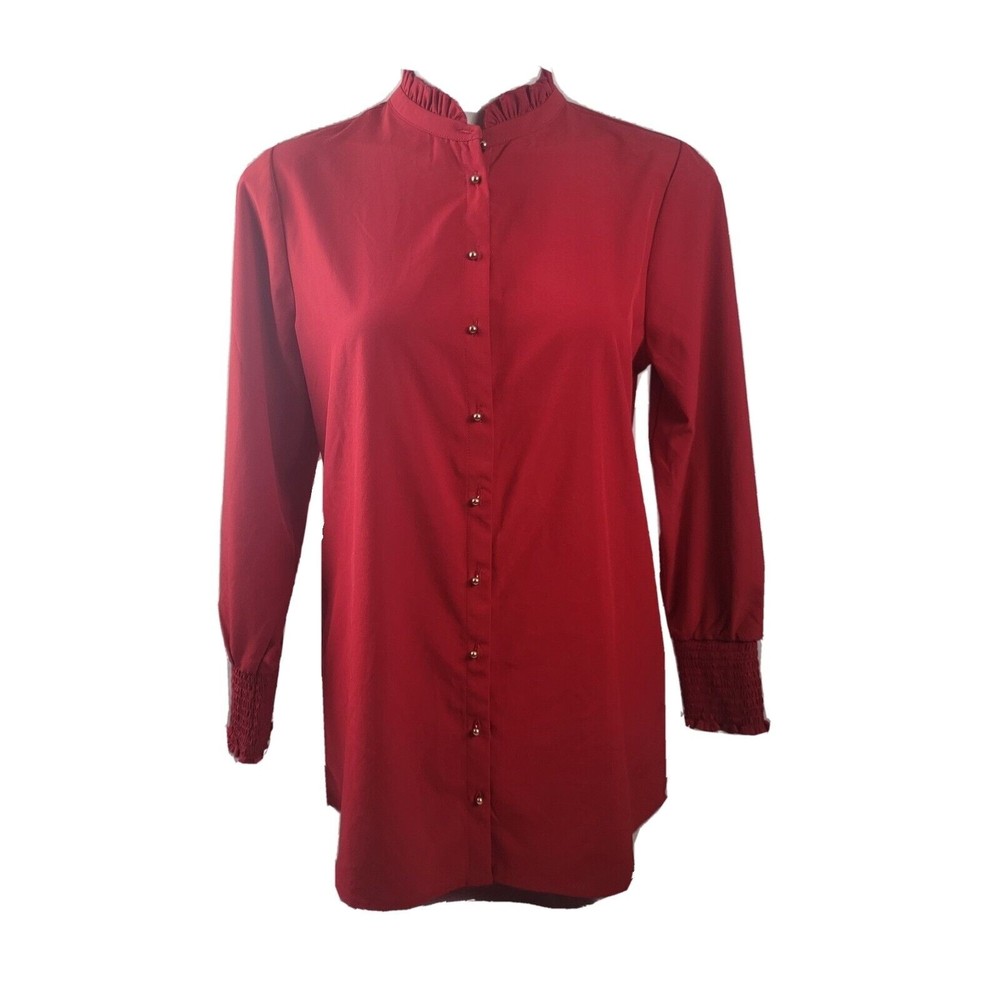 Soft Surroundings Blouse Red With Gold Button Down Ruffle Collar Size PS